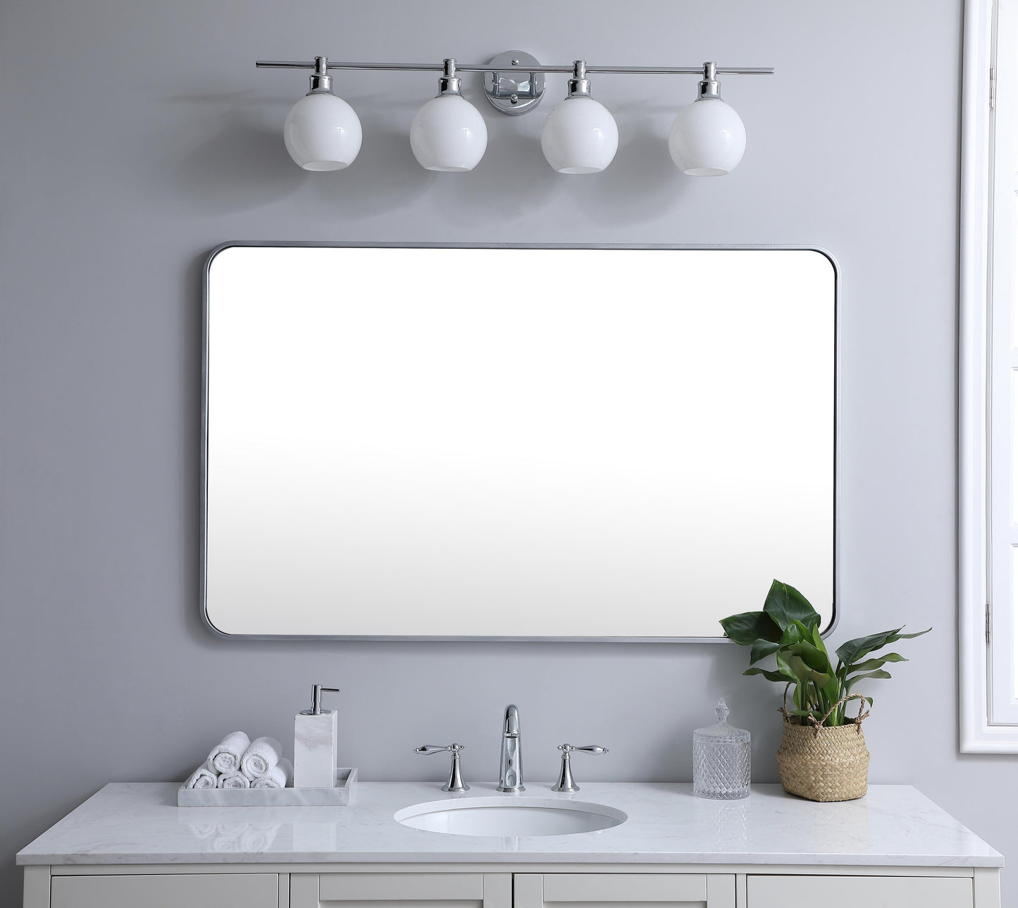 Aura, Soft Corner Metal Rectangular Mirror 30X48 Inch in, Modern, Silver - MR2803048S