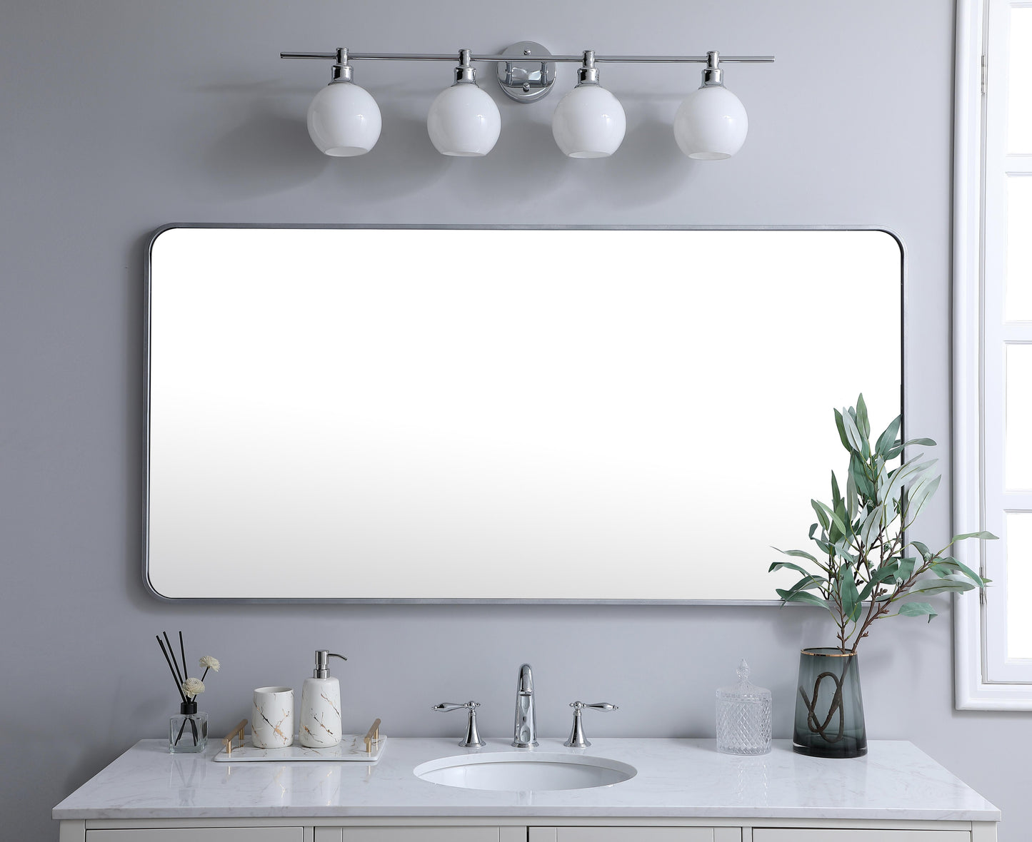 Aura, Soft Corner Metal Rectangular Mirror 30X60 Inch in, Modern, Silver - MR2803060S