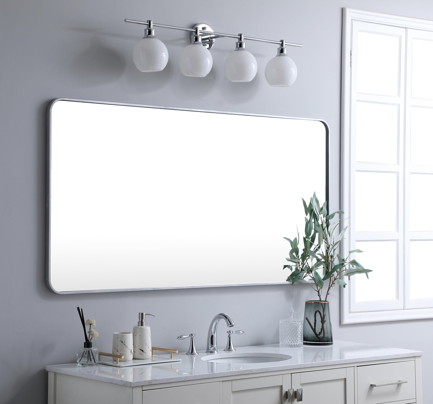 Aura, Soft Corner Metal Rectangular Mirror 30X60 Inch in, Modern, Silver - MR2803060S