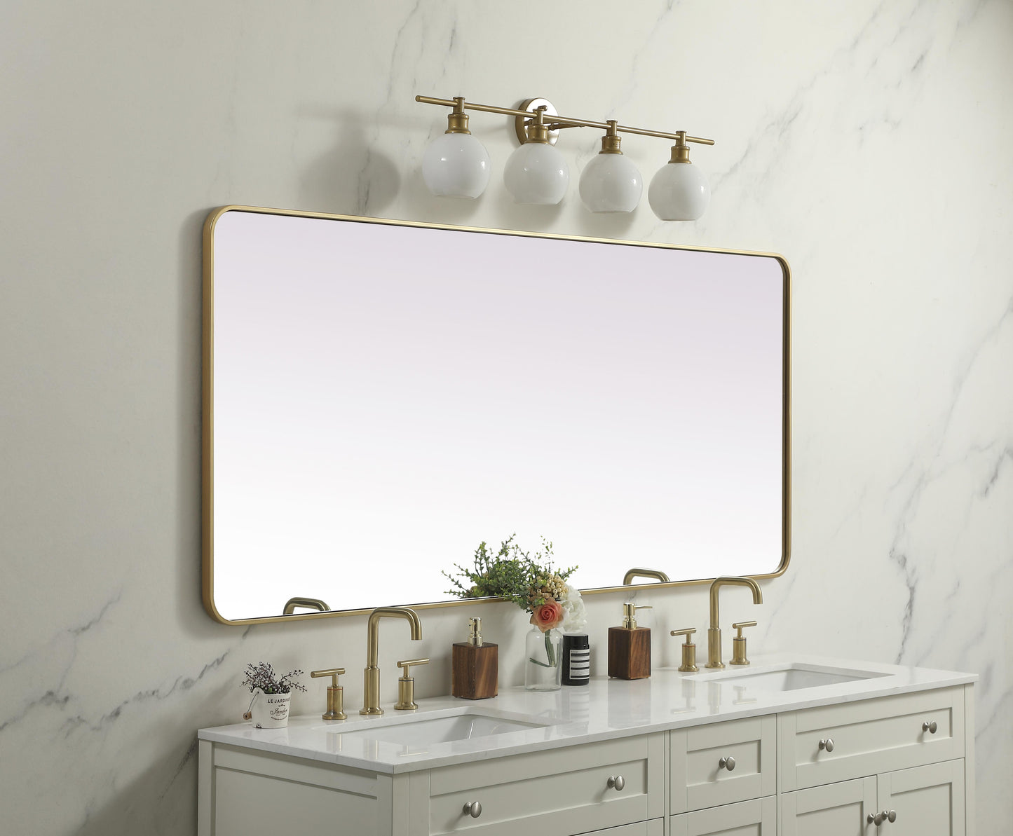 Aura, Soft Corner Metal Rectangle Mirror 32X72 Inch in, Modern, Brass - MR2803272BR