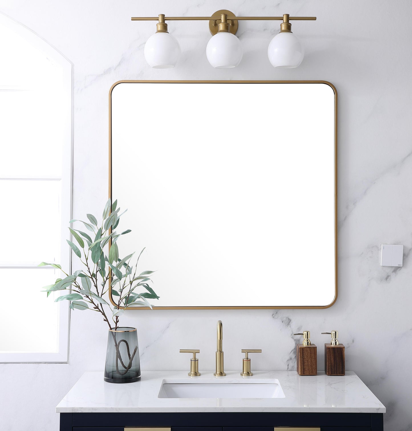 Aura, Soft Corner Metal Rectangular Mirror 36X36 Inch in, Modern, Brass - MR2803636BR