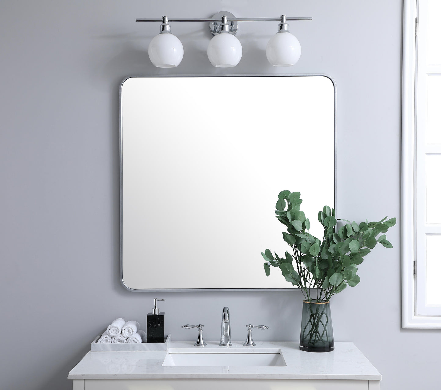 Aura, Soft Corner Metal Rectangular Mirror 36X36 Inch in, Modern, Silver - MR2803636S