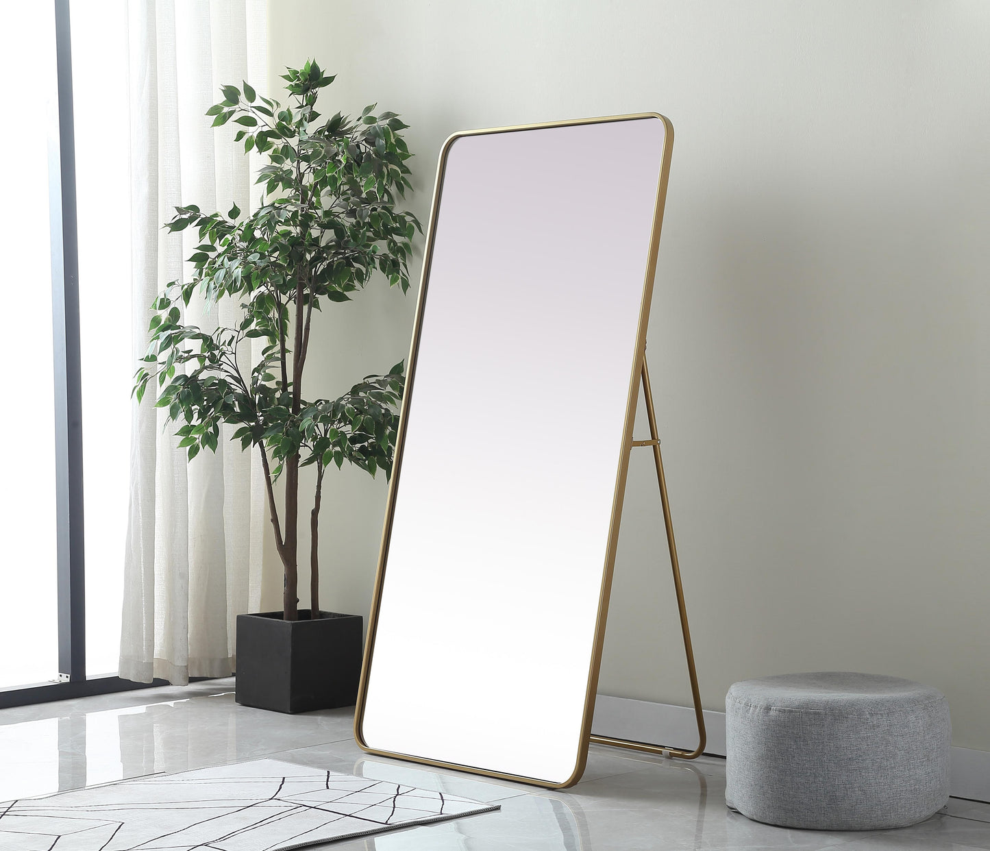 Aura, Soft Corner Metal Rectangle Full Length Mirror 30X60 Inch in, Modern, Brass - MR2903060BR