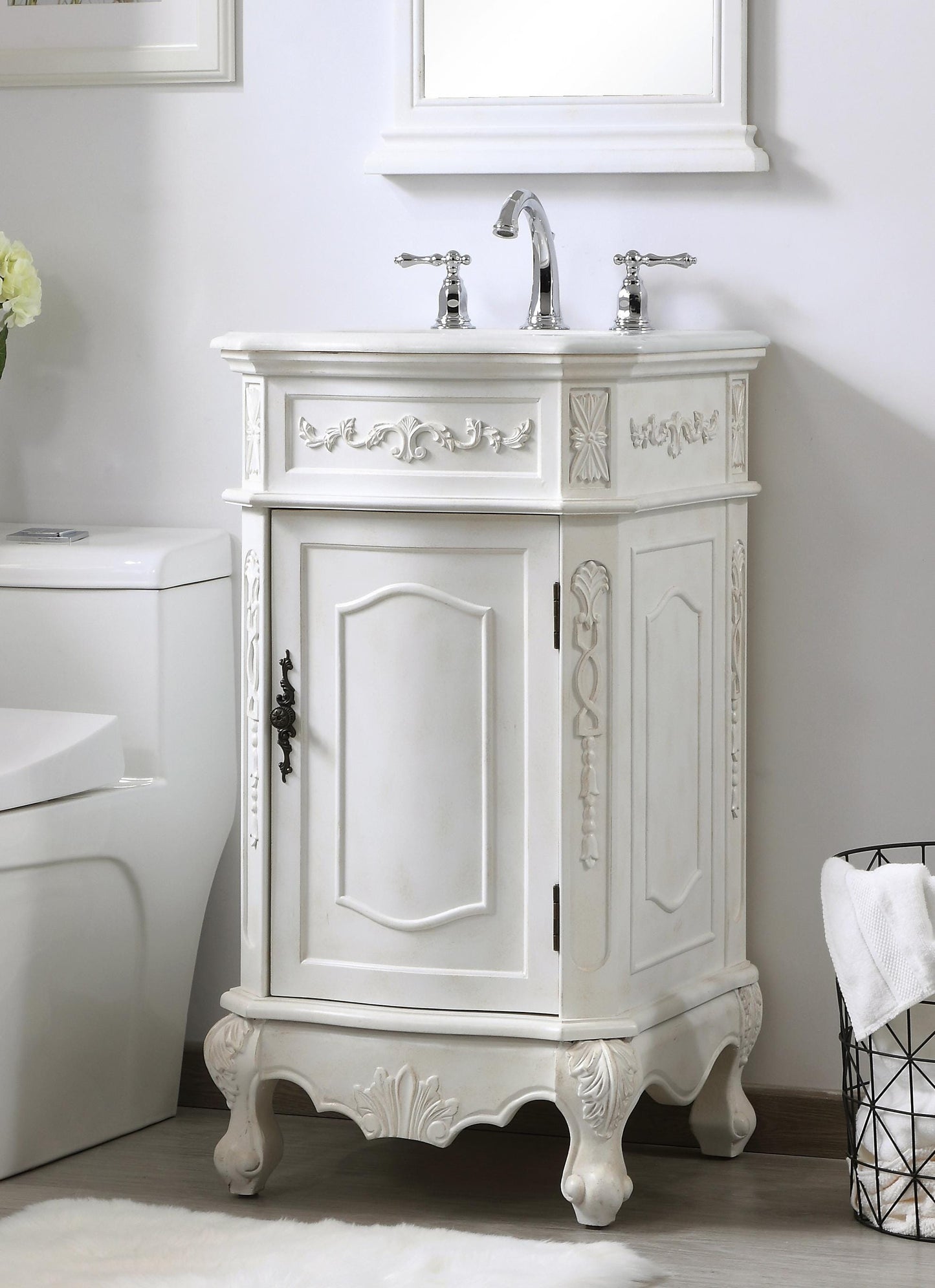 19 inch Single Bathroom Vanity in Antique White with Ivory White Engineered Marble - BV1001936AW