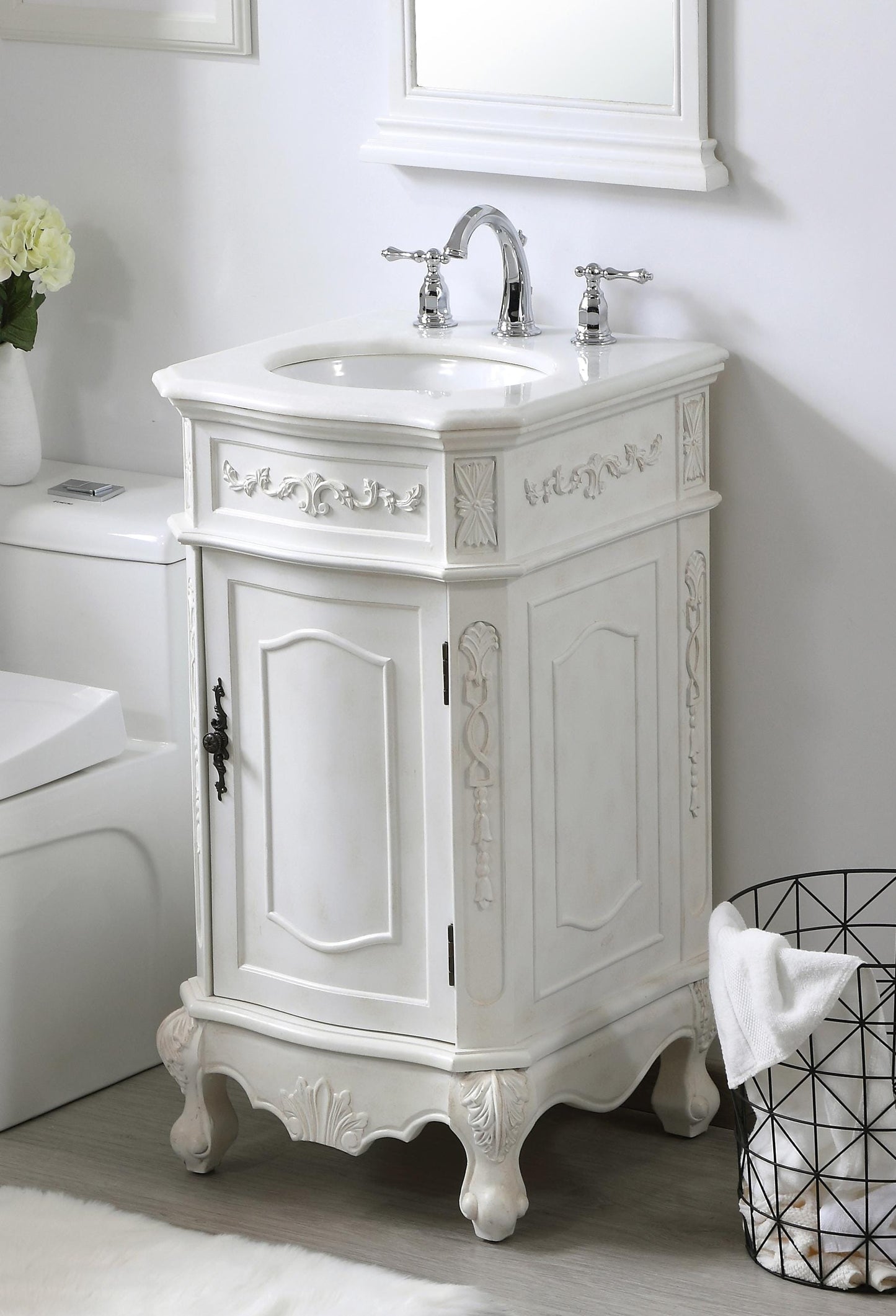 19 inch Single Bathroom Vanity in Antique White with Ivory White Engineered Marble - BV1001936AW