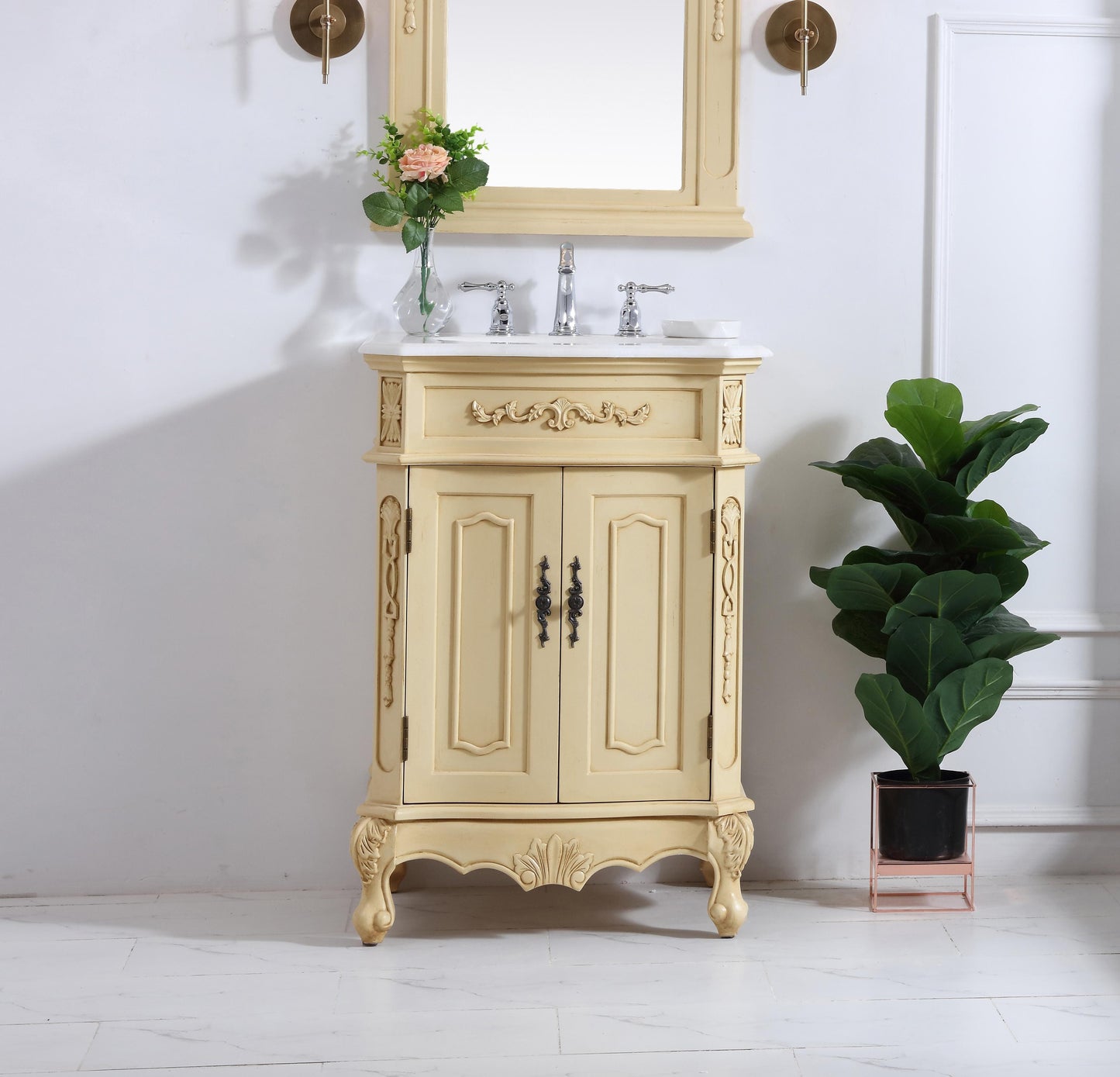 24 inch Single Bathroom Vanity in Light Antique Beige with Ivory White Engineered Marble - BC1002436LT