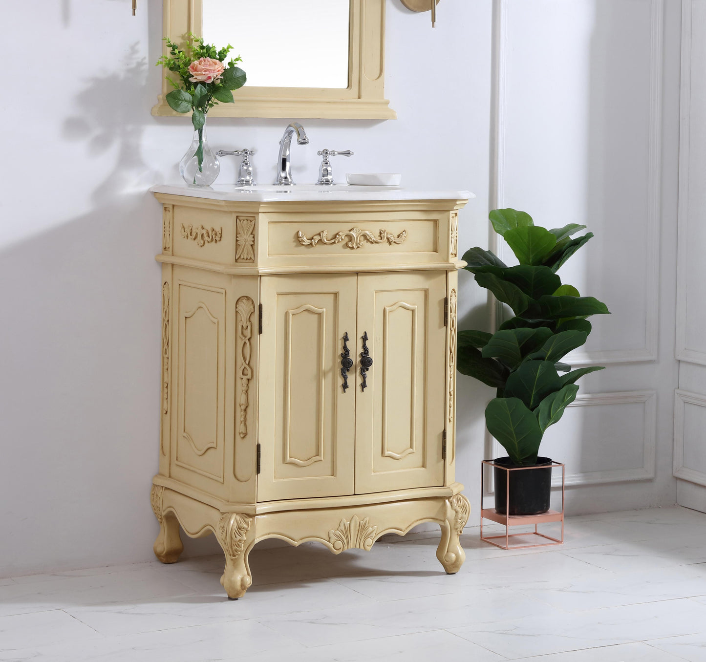 24 inch Single Bathroom Vanity in Light Antique Beige with Ivory White Engineered Marble - BC1002436LT