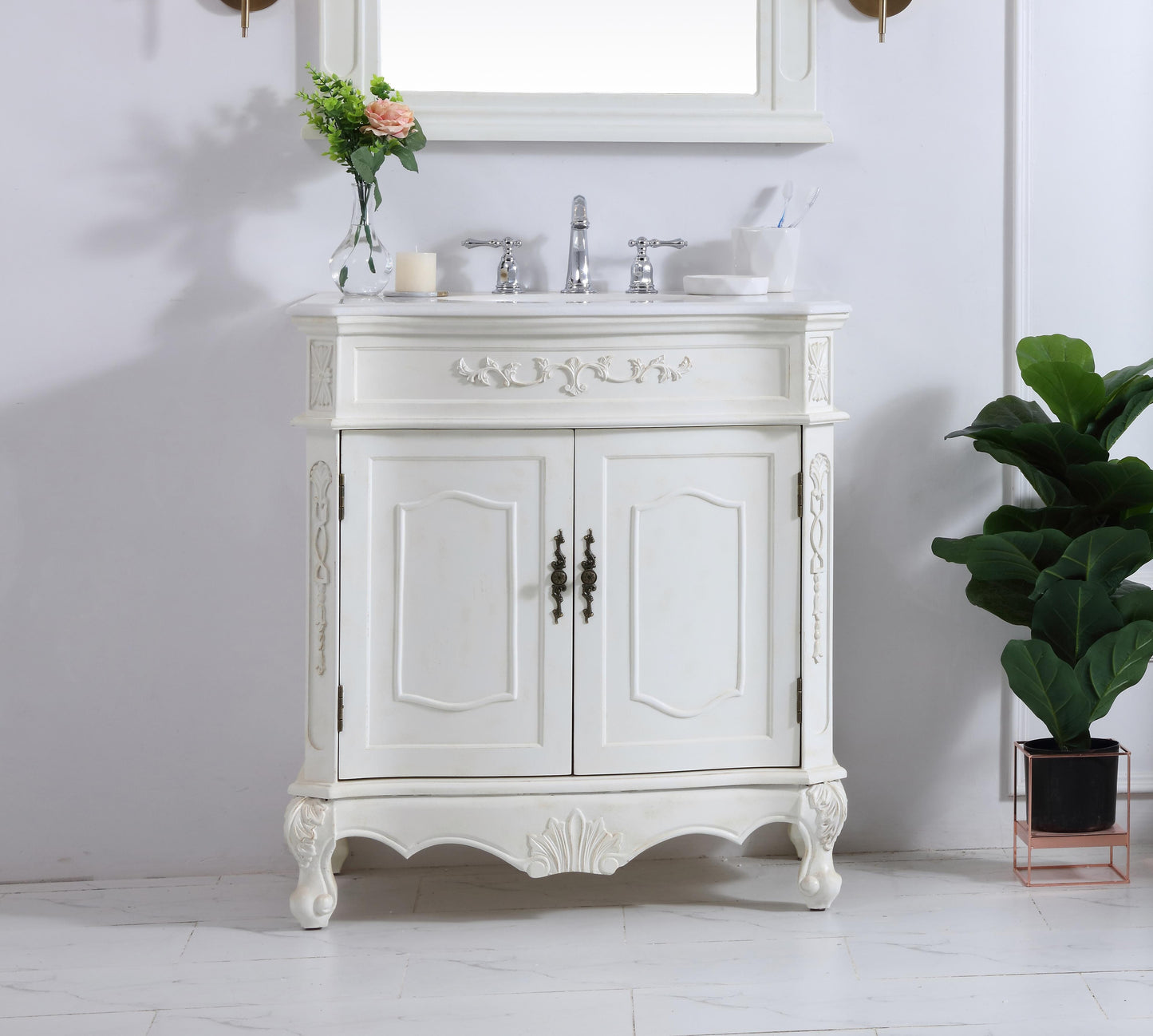 32 inch Single Bathroom Vanity in Antique White with Ivory White Engineered Marble - BC1003236AW