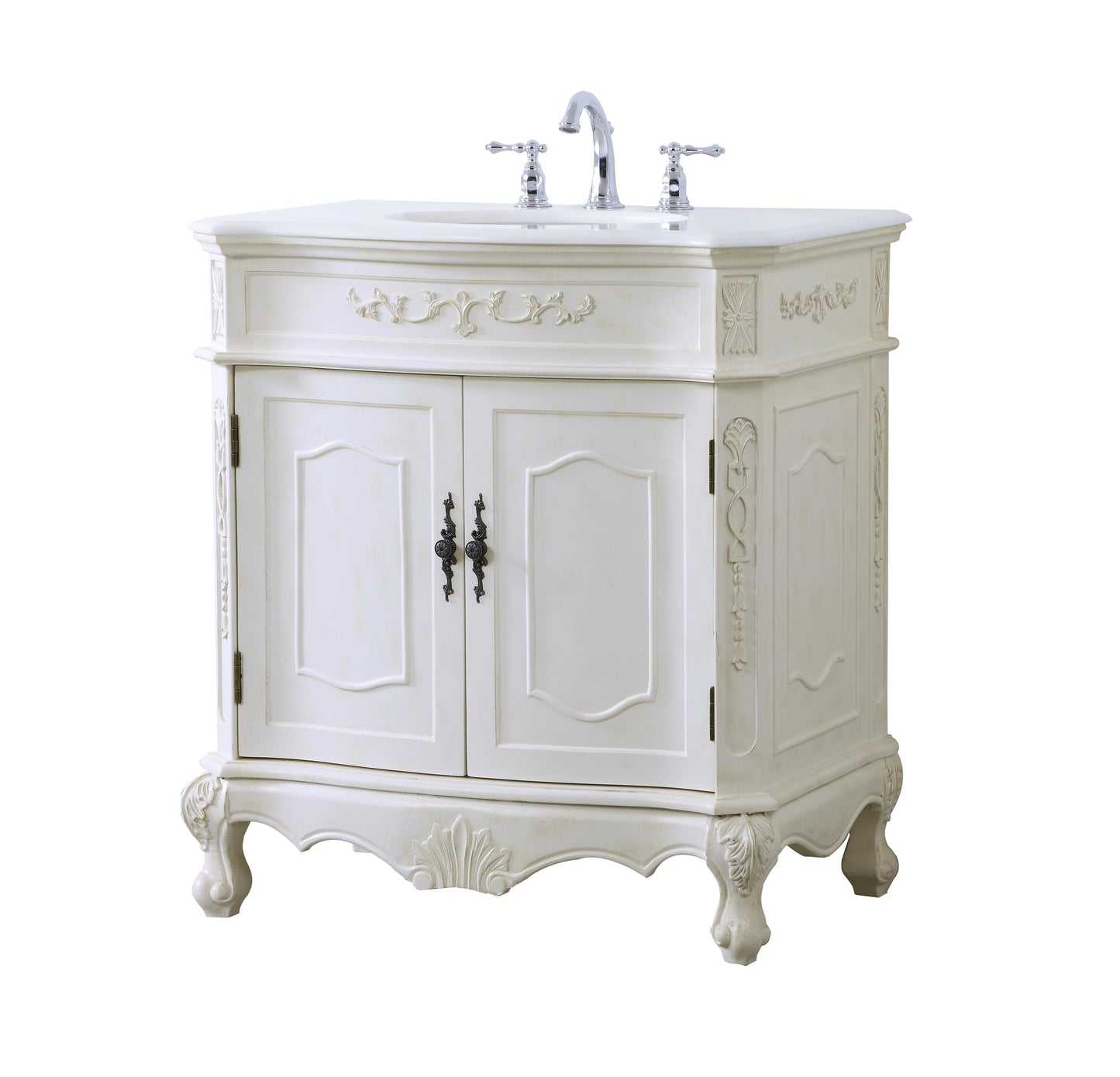 32 inch Single Bathroom Vanity in Antique White with Ivory White Engineered Marble - BC1003236AW