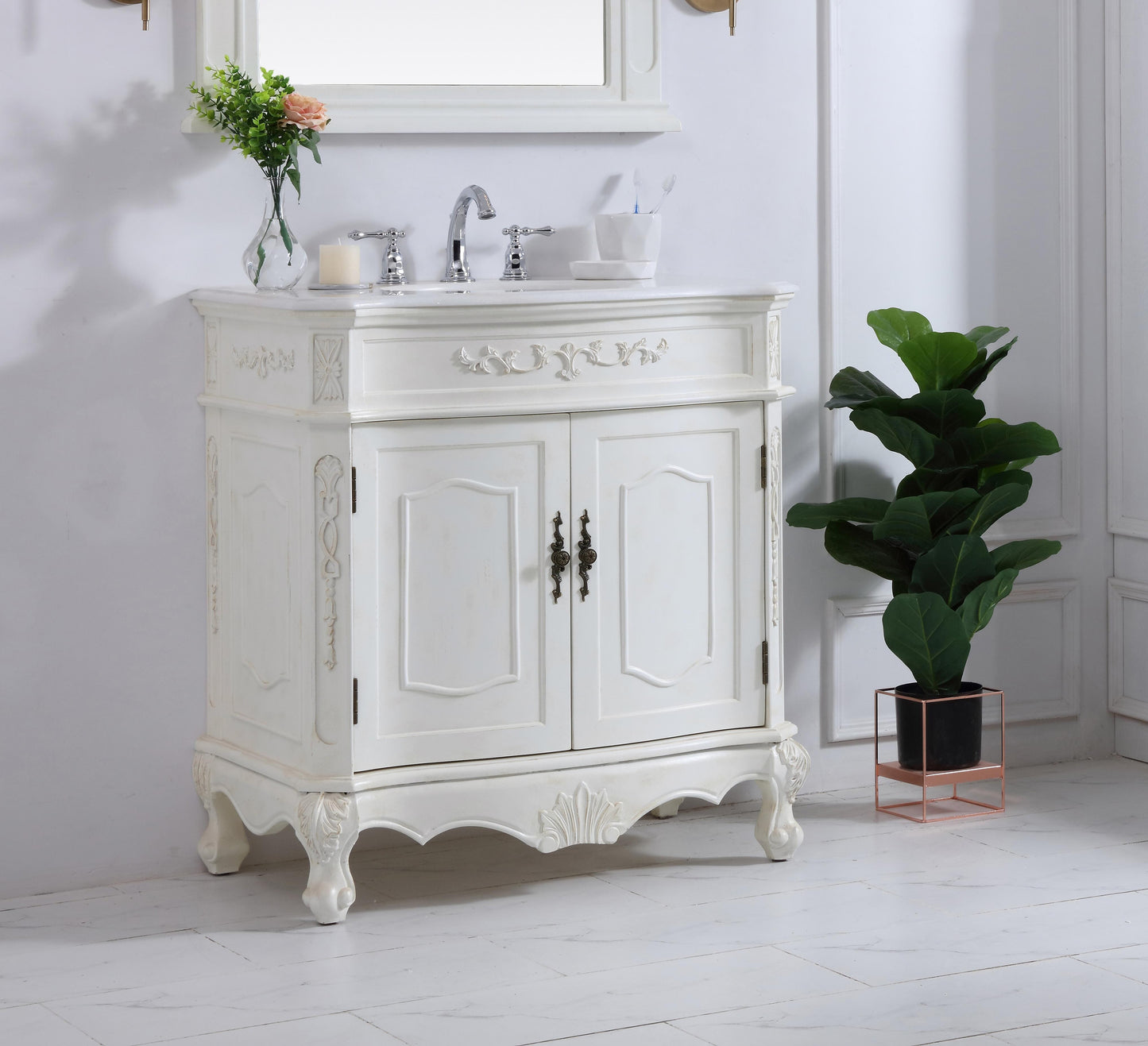 32 inch Single Bathroom Vanity in Antique White with Ivory White Engineered Marble - BC1003236AW