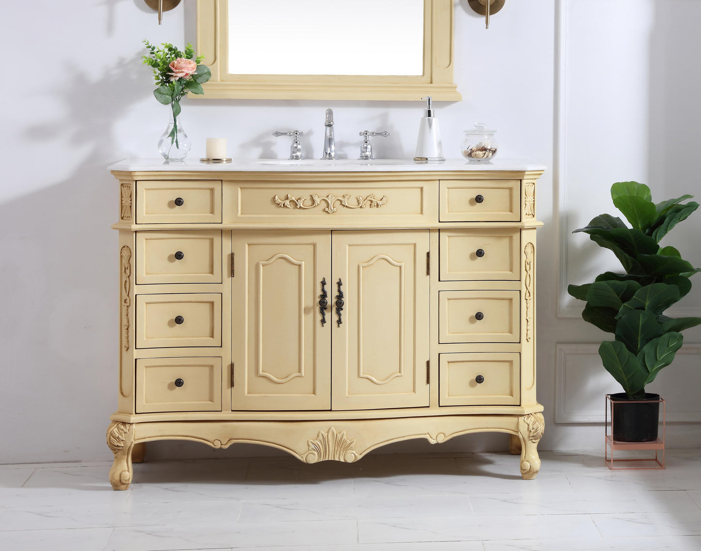 48 inch Single Bathroom Vanity in Light Antique Beige with Ivory White Engineered Marble - BC1004836LT