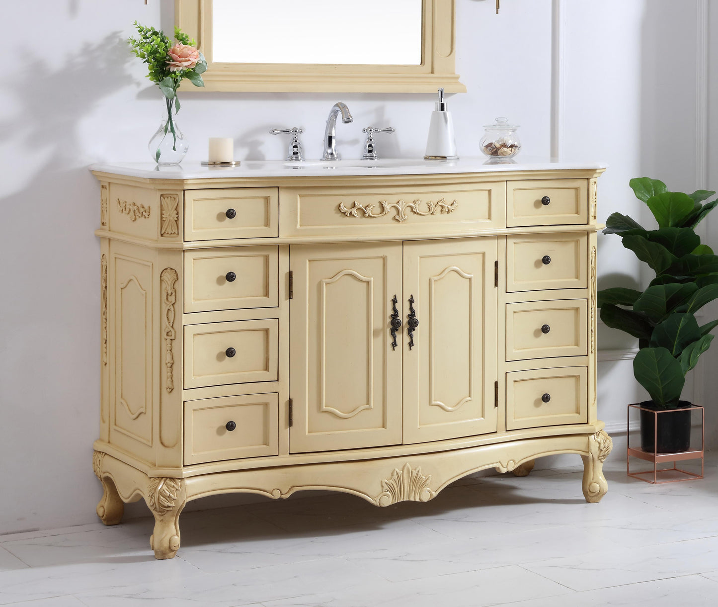 48 inch Single Bathroom Vanity in Light Antique Beige with Ivory White Engineered Marble - BC1004836LT