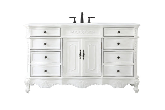 60 inch Single Bathroom Vanity in Antique White with Ivory White Engineered Marble