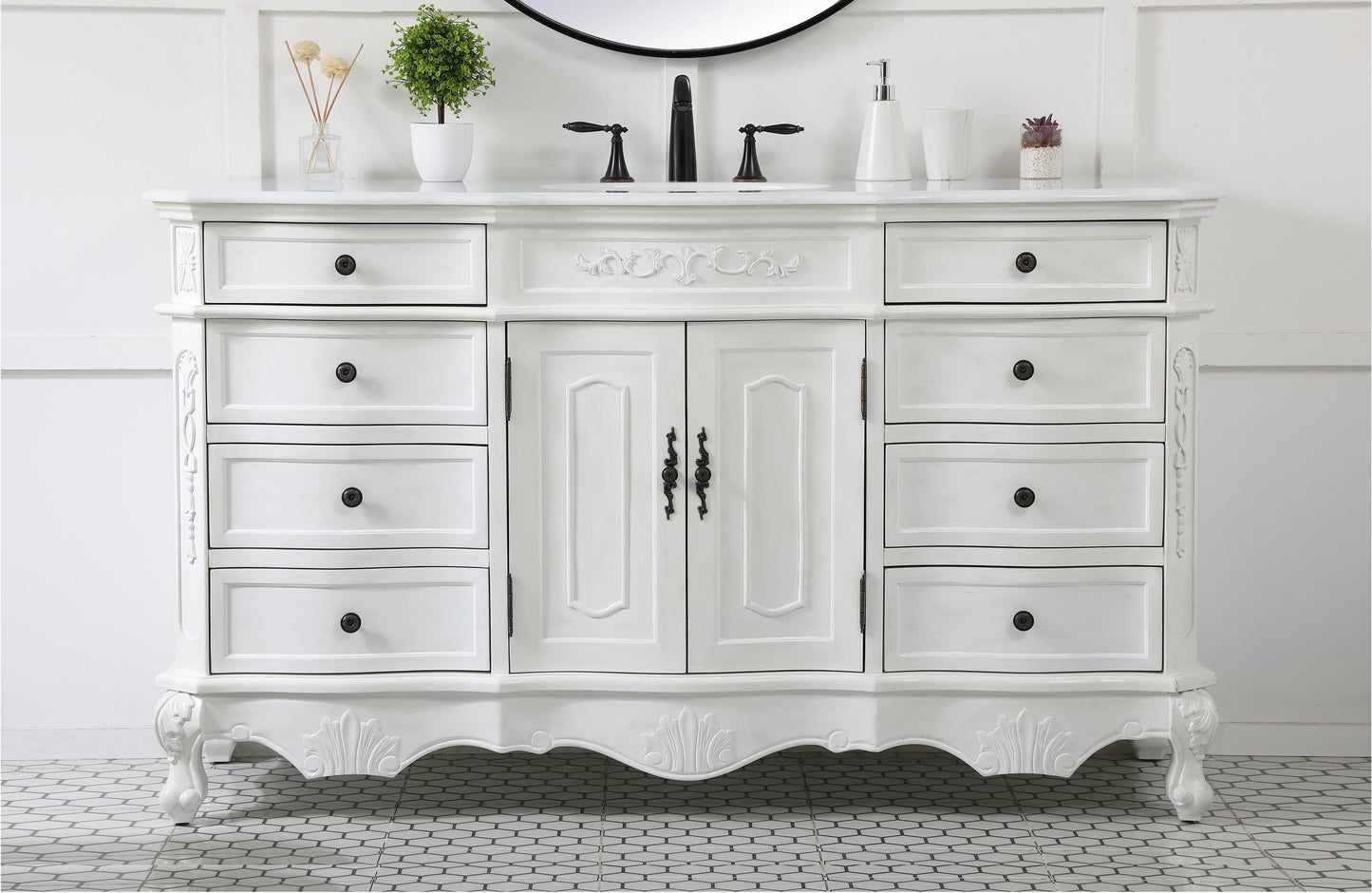 60 inch Single Bathroom Vanity in Antique White with Ivory White Engineered Marble