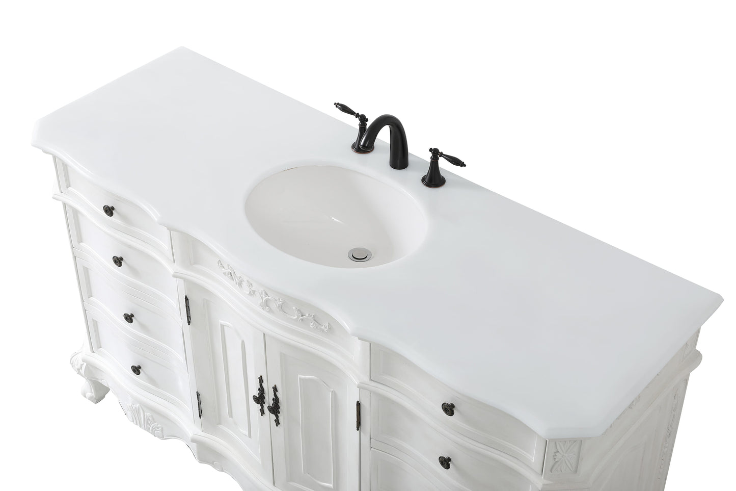 60 inch Single Bathroom Vanity in Antique White with Ivory White Engineered Marble