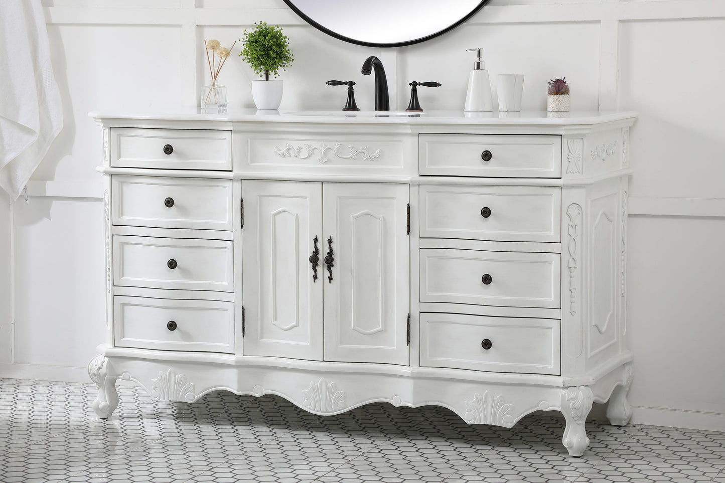 60 inch Single Bathroom Vanity in Antique White with Ivory White Engineered Marble