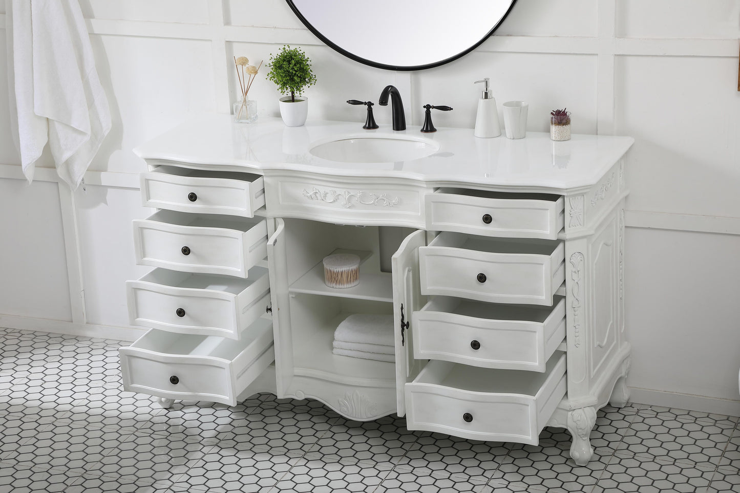 60 inch Single Bathroom Vanity in Antique White with Ivory White Engineered Marble