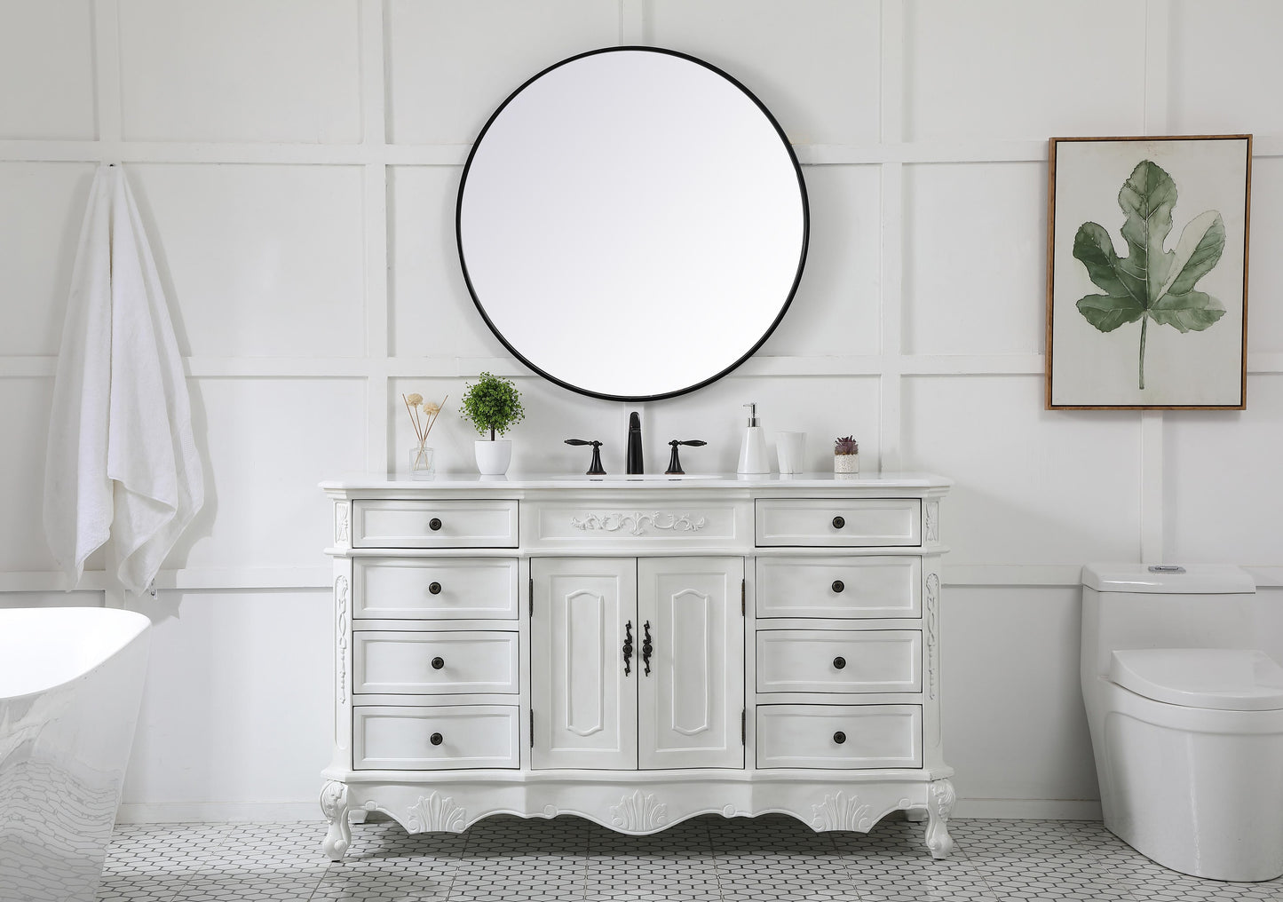 60 inch Single Bathroom Vanity in Antique White with Ivory White Engineered Marble