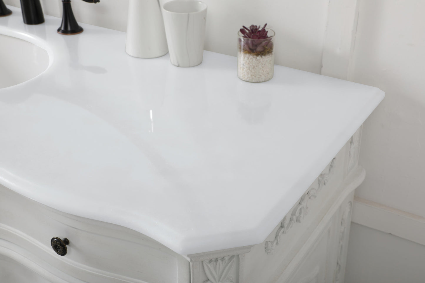 60 inch Single Bathroom Vanity in Antique White with Ivory White Engineered Marble