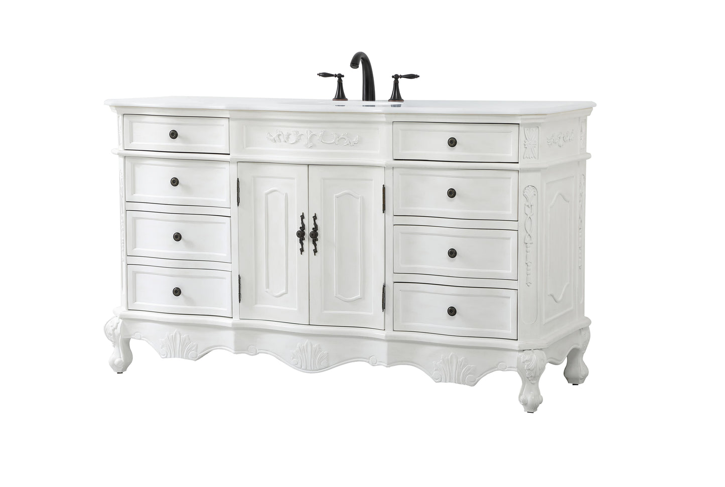 60 inch Single Bathroom Vanity in Antique White with Ivory White Engineered Marble