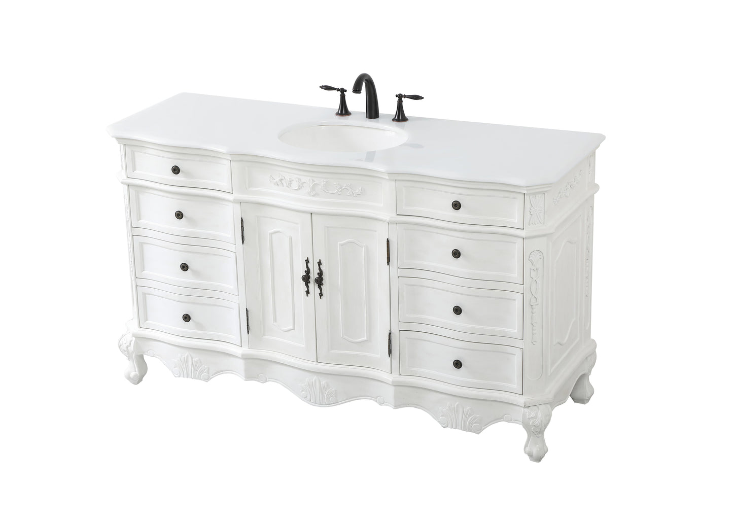 60 inch Single Bathroom Vanity in Antique White with Ivory White Engineered Marble