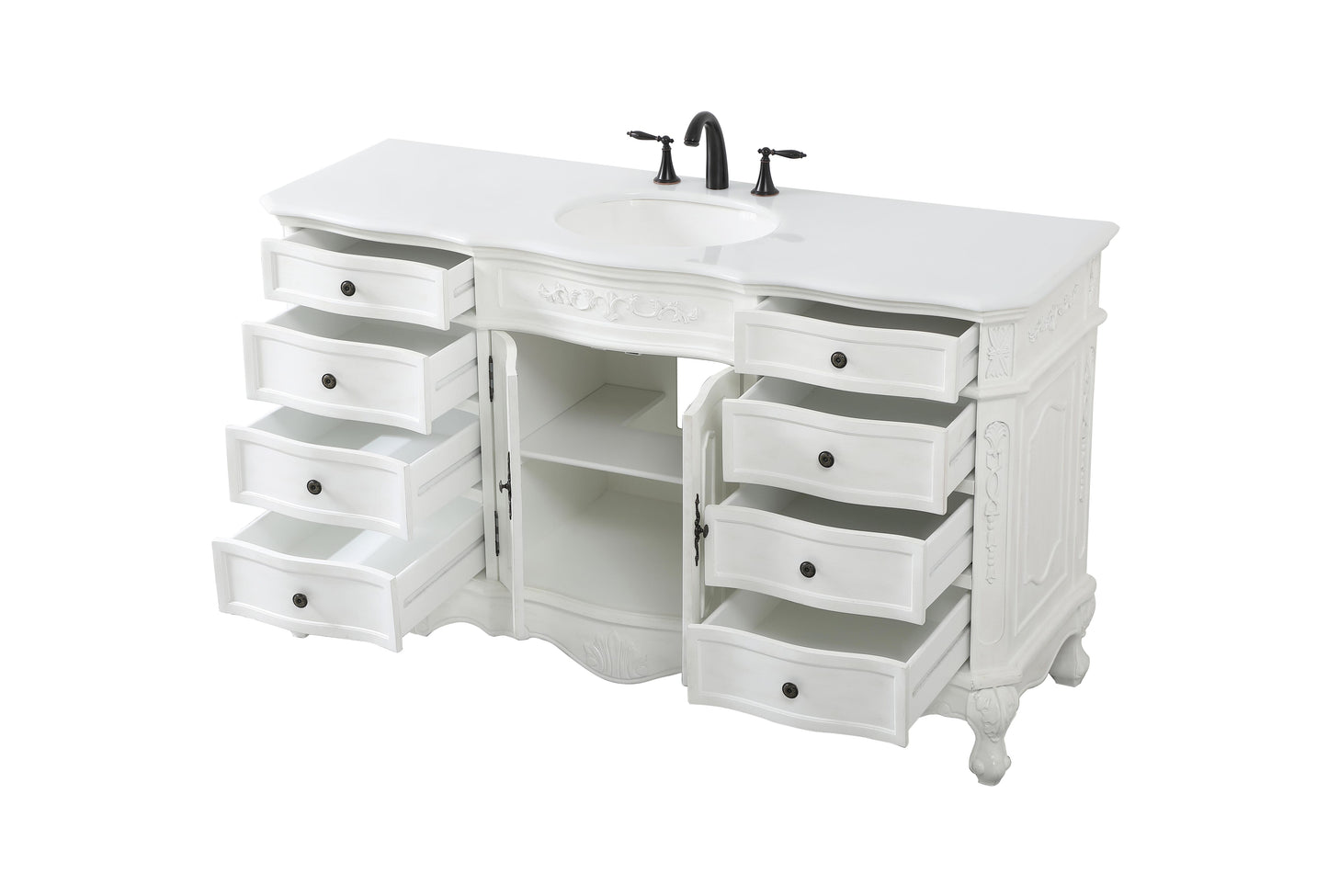 60 inch Single Bathroom Vanity in Antique White with Ivory White Engineered Marble