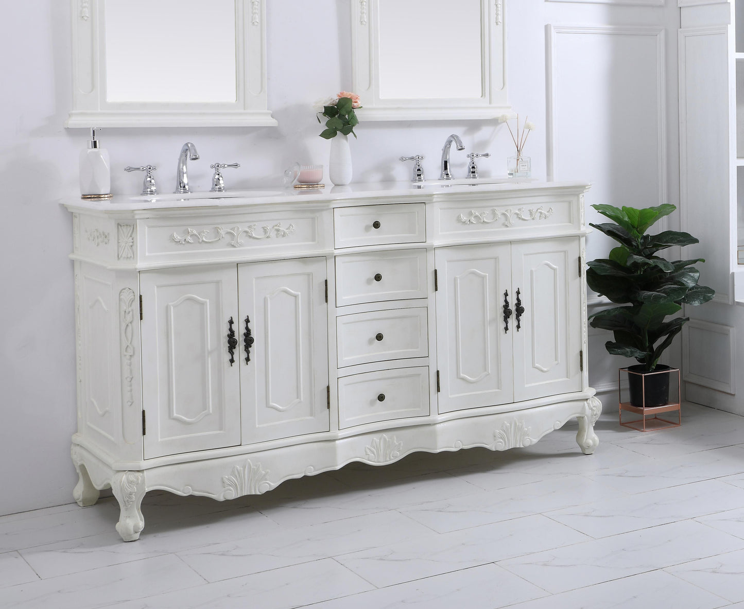 60 inch Double Bathroom Vanity in Antique White with Ivory White Engineered Marble - BC100D6036AW