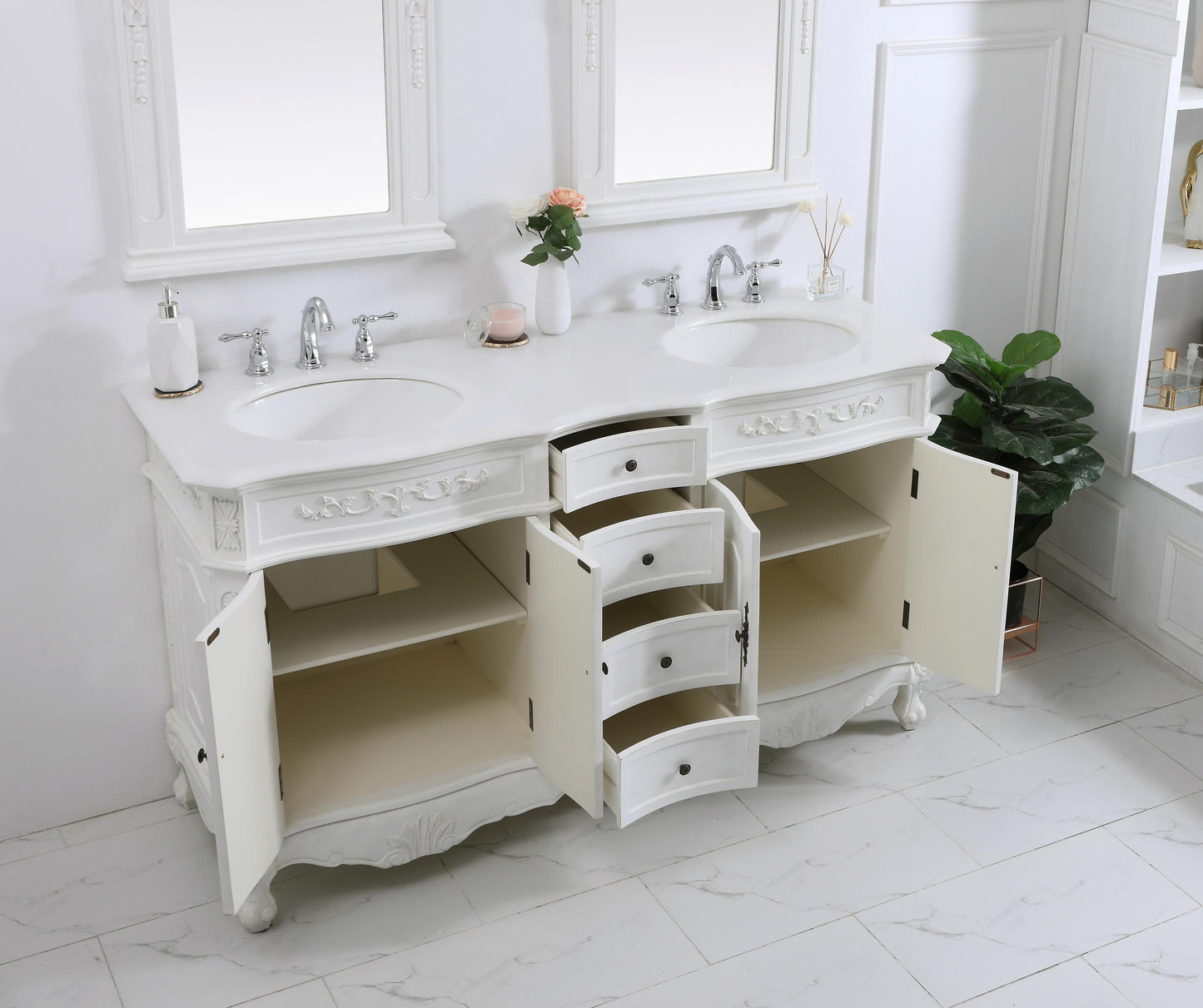 60 inch Double Bathroom Vanity in Antique White with Ivory White Engineered Marble - BC100D6036AW