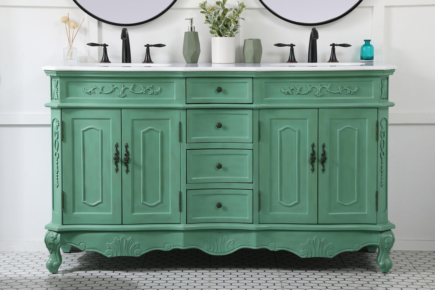 60 inch Double Bathroom Vanity in Vintage Mint with Ivory White Engineered Marble