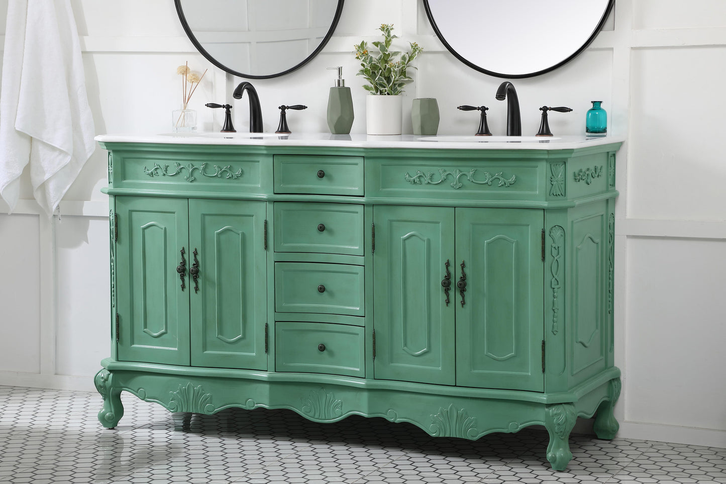 60 inch Double Bathroom Vanity in Vintage Mint with Ivory White Engineered Marble