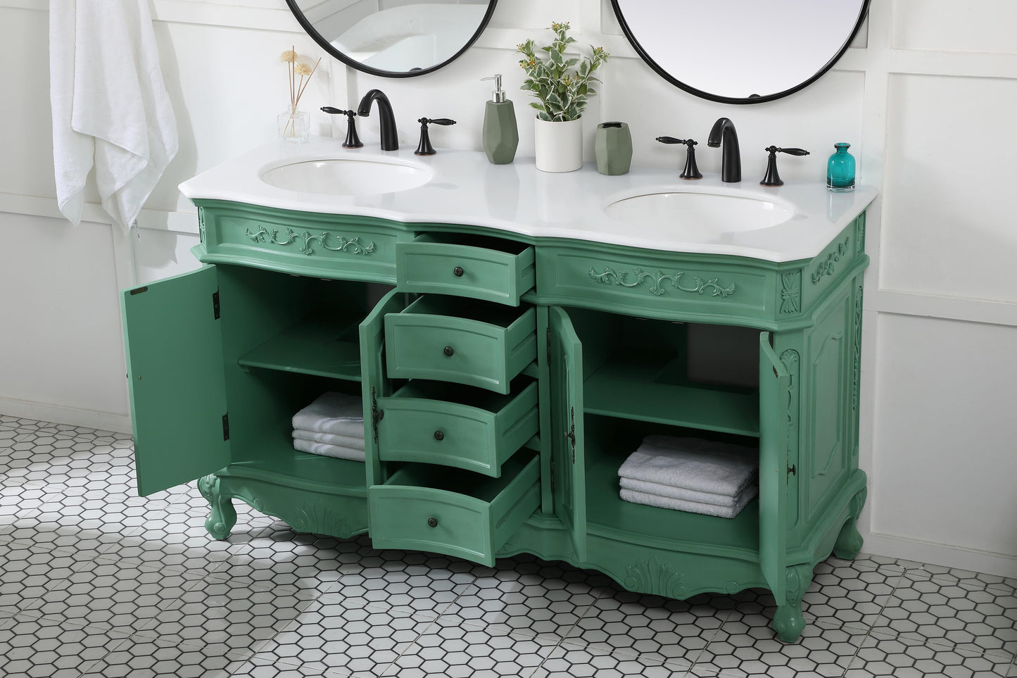 60 inch Double Bathroom Vanity in Vintage Mint with Ivory White Engineered Marble