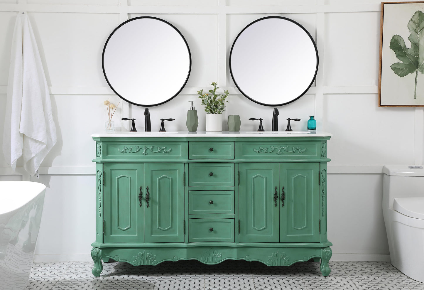 60 inch Double Bathroom Vanity in Vintage Mint with Ivory White Engineered Marble