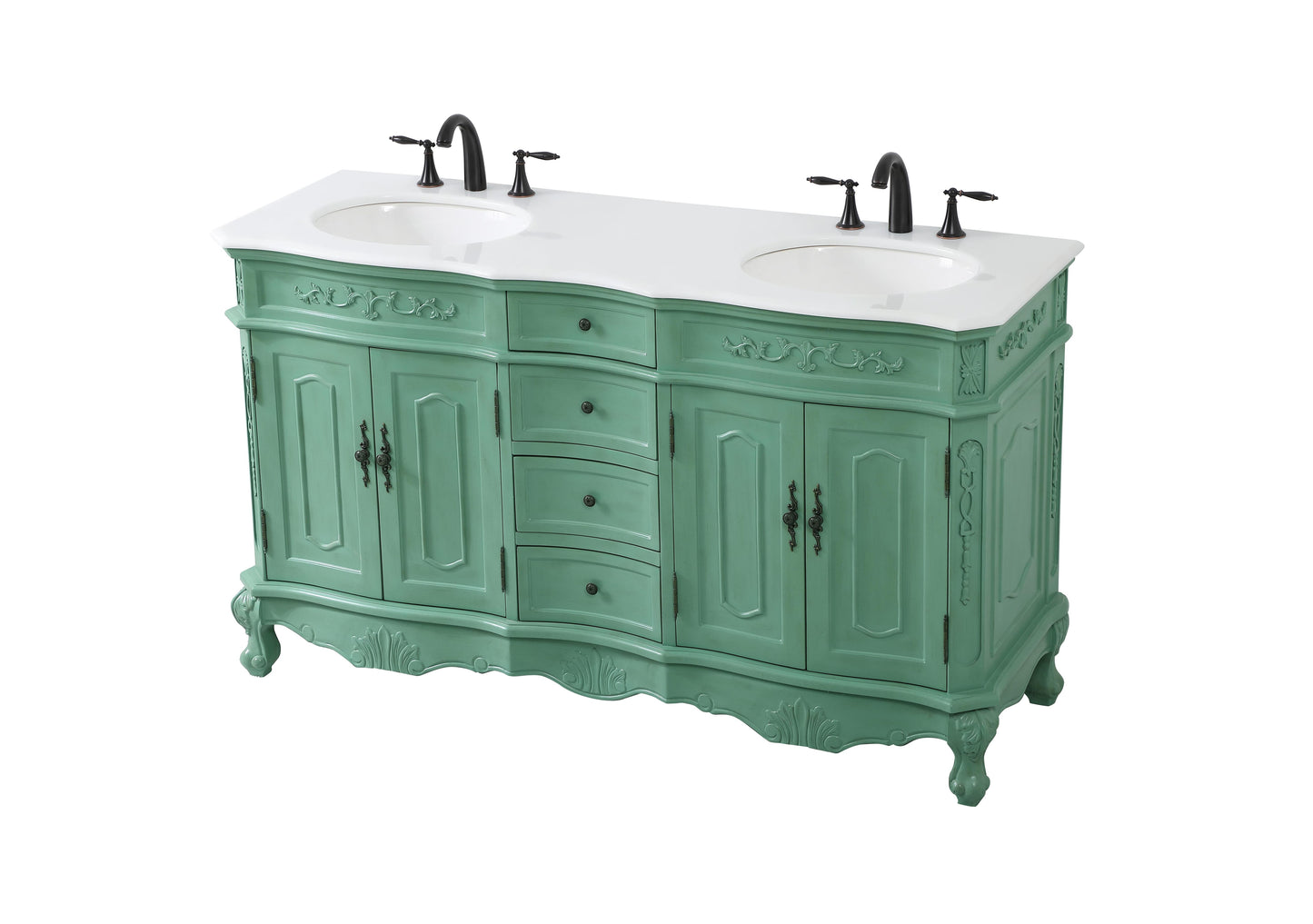 60 inch Double Bathroom Vanity in Vintage Mint with Ivory White Engineered Marble