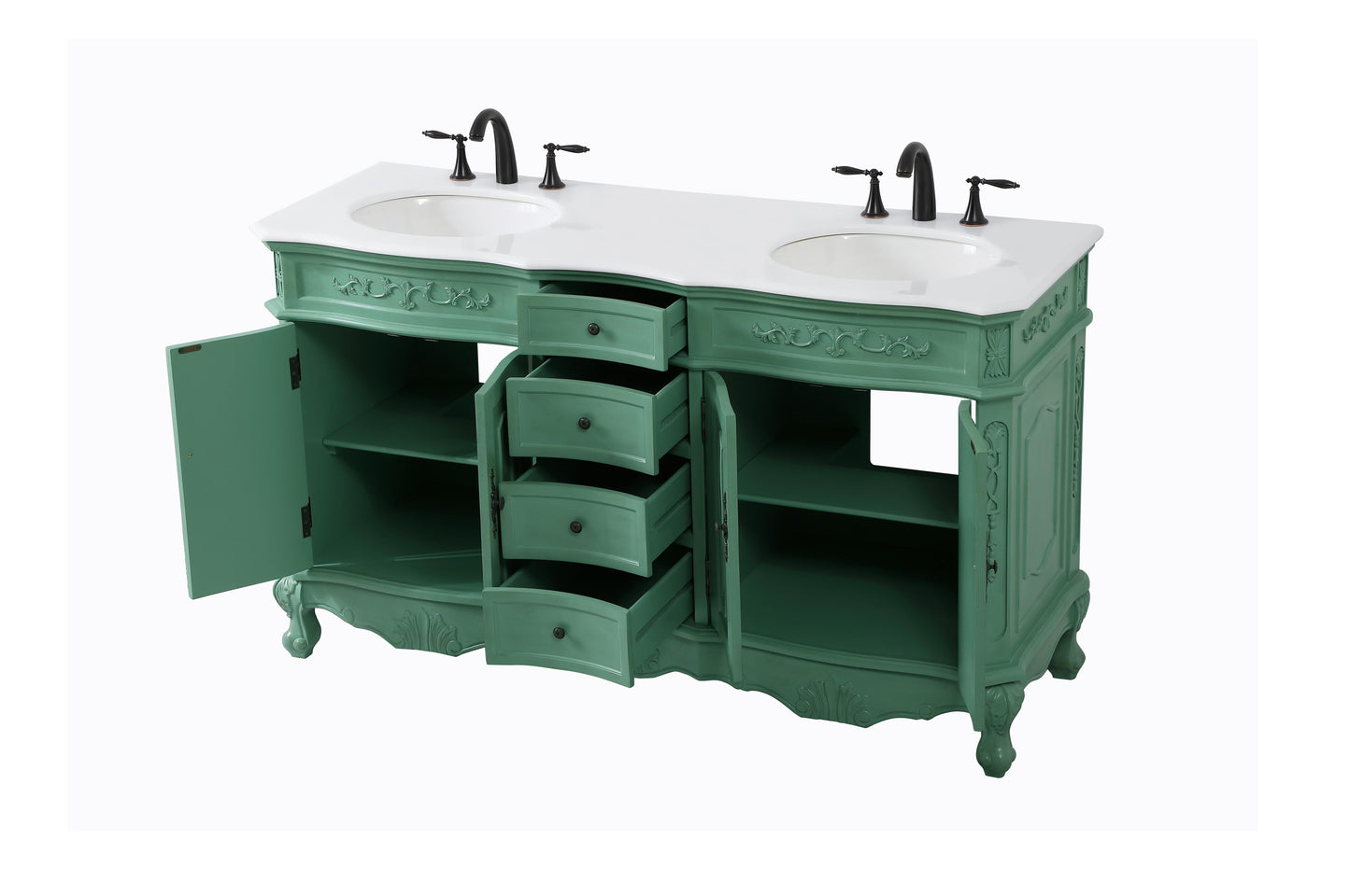 60 inch Double Bathroom Vanity in Vintage Mint with Ivory White Engineered Marble