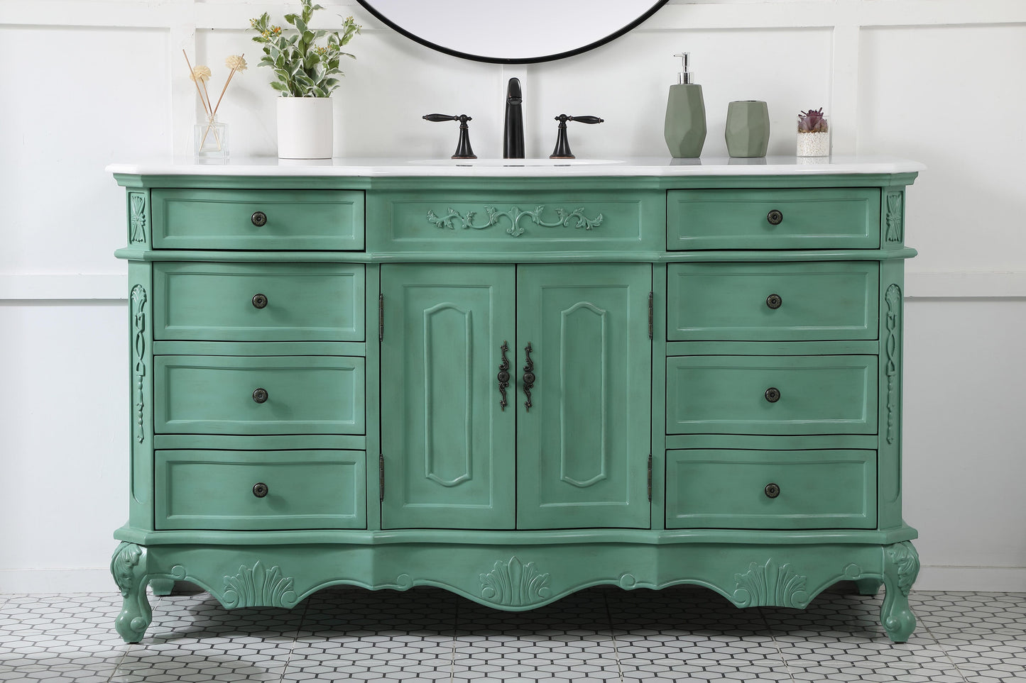 60 inch Single Bathroom Vanity in Vintage Mint with Ivory White Engineered Marble