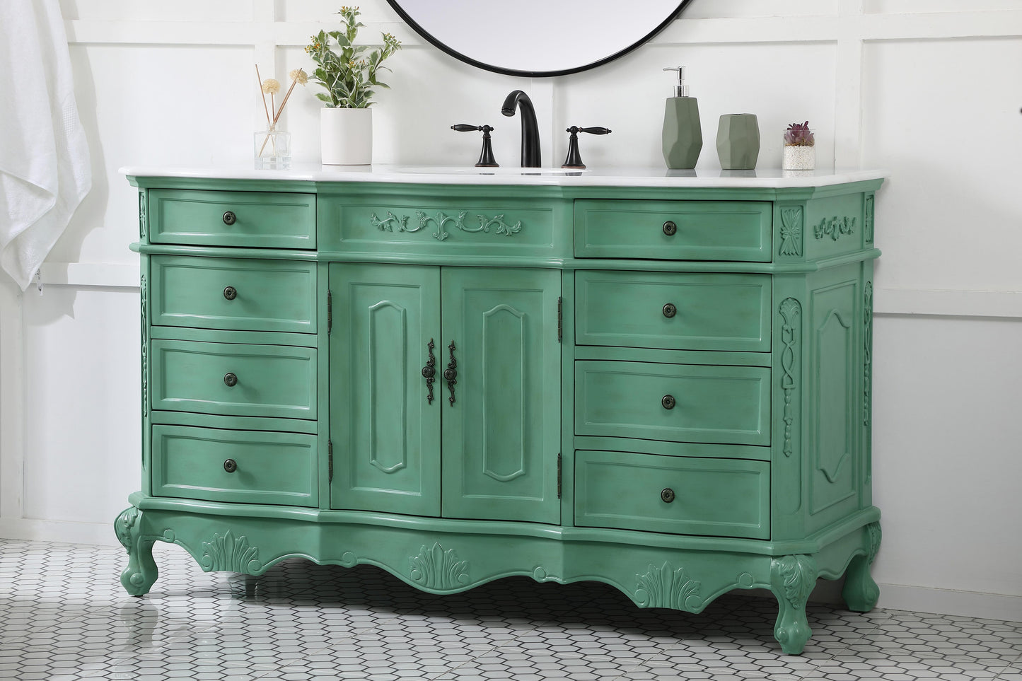 60 inch Single Bathroom Vanity in Vintage Mint with Ivory White Engineered Marble