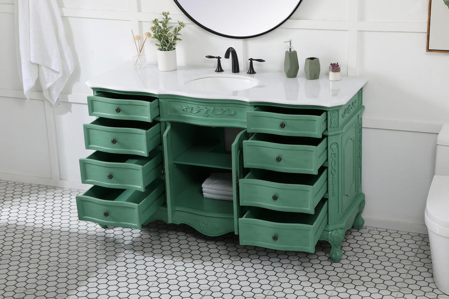 60 inch Single Bathroom Vanity in Vintage Mint with Ivory White Engineered Marble