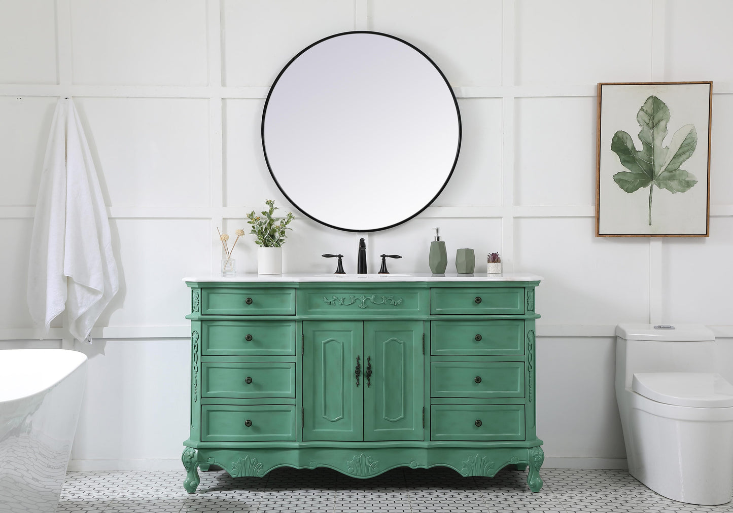 60 inch Single Bathroom Vanity in Vintage Mint with Ivory White Engineered Marble