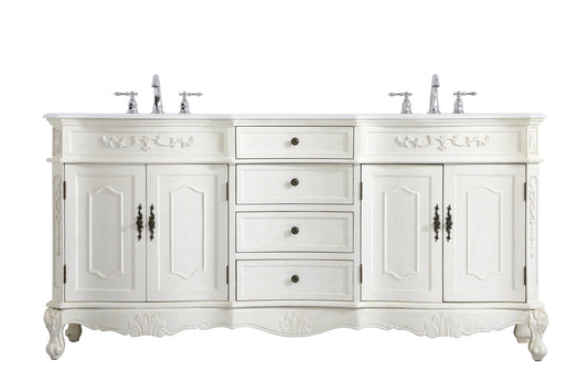 72 inch Double Bathroom Vanity in Antique White with Ivory White Engineered Marble