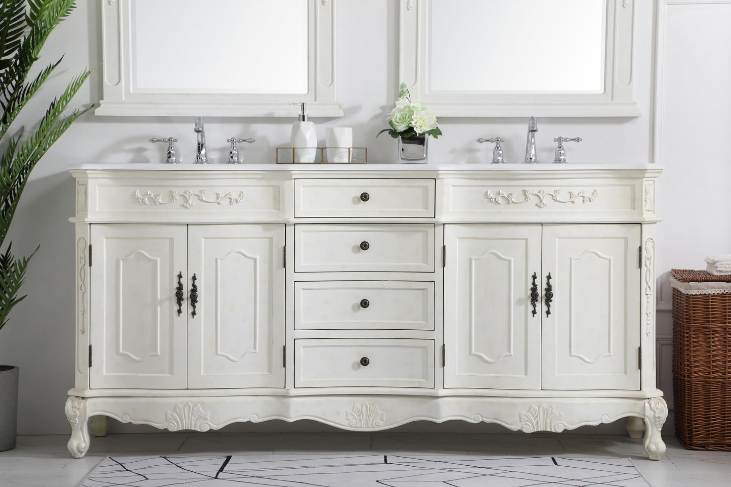 72 inch Double Bathroom Vanity in Antique White with Ivory White Engineered Marble