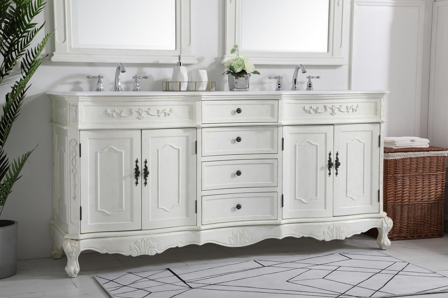 72 inch Double Bathroom Vanity in Antique White with Ivory White Engineered Marble