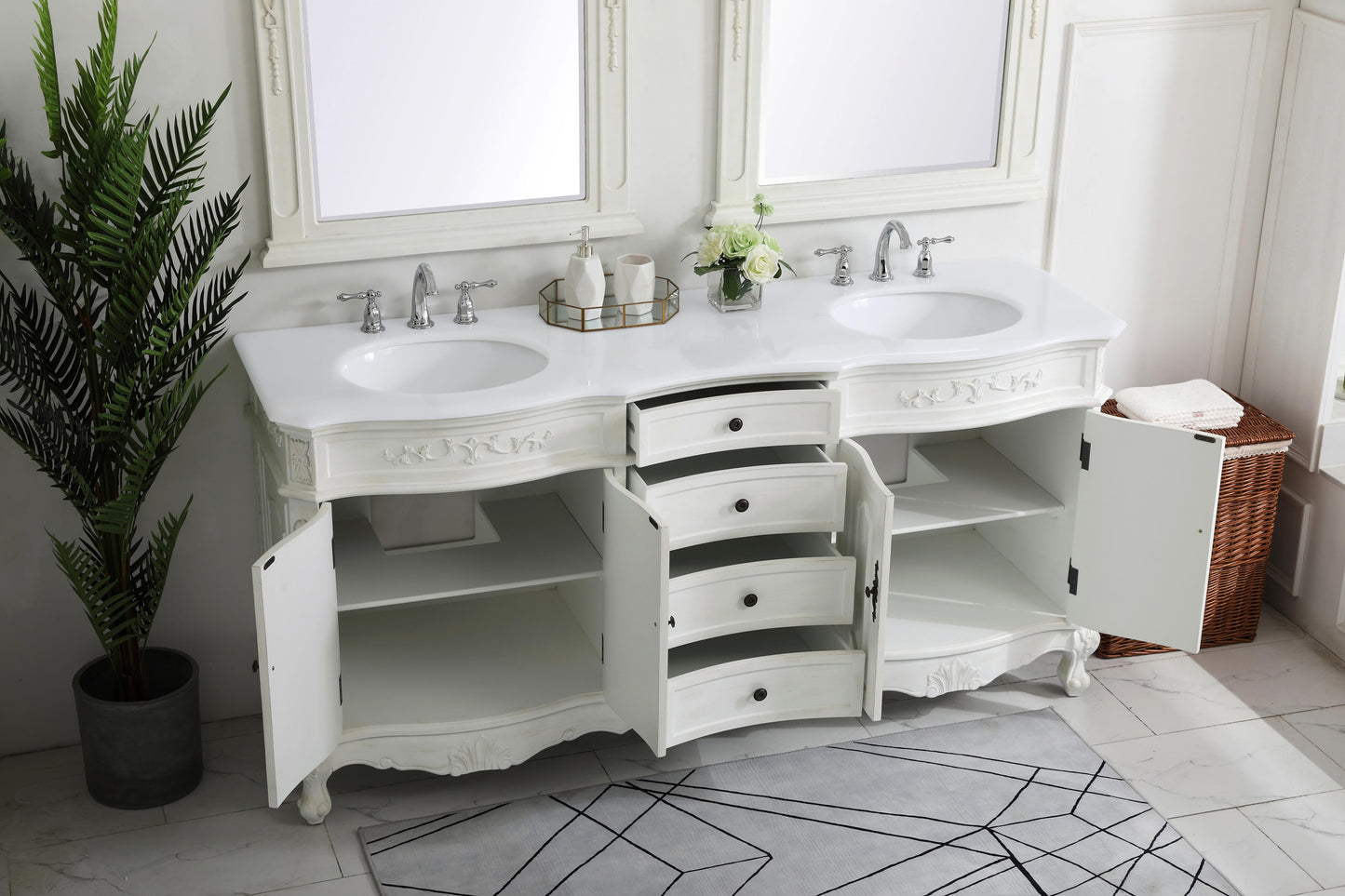 72 inch Double Bathroom Vanity in Antique White with Ivory White Engineered Marble