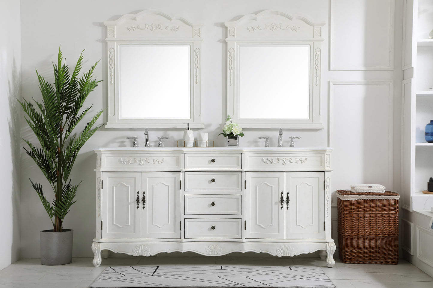 72 inch Double Bathroom Vanity in Antique White with Ivory White Engineered Marble