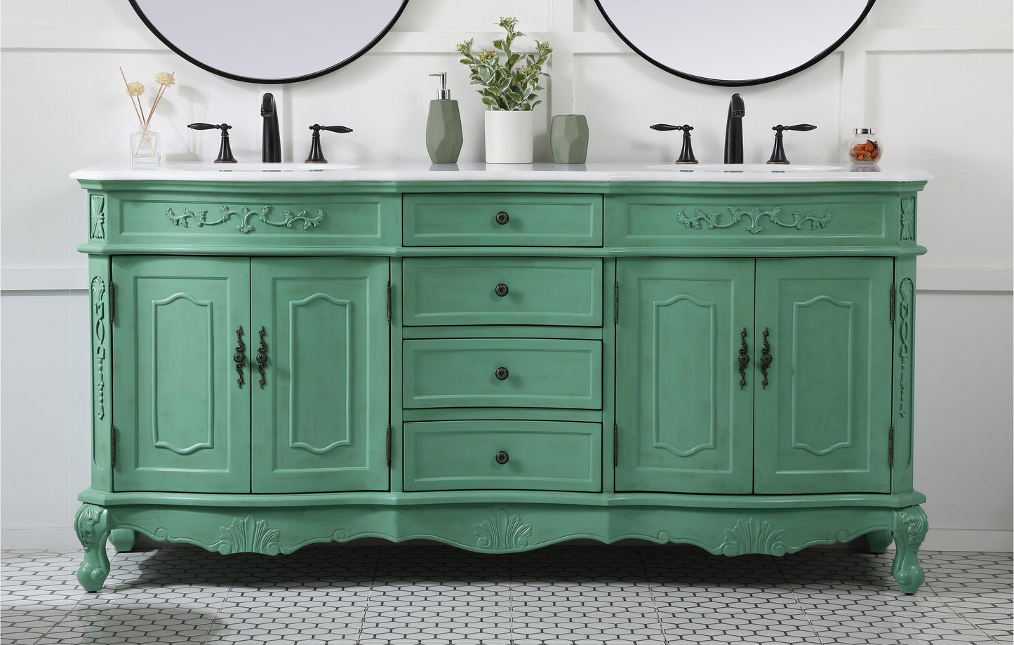 72 inch Double Bathroom Vanity in Vintage Mint with Ivory White Engineered Marble