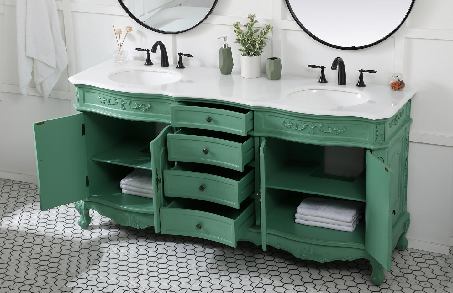 72 inch Double Bathroom Vanity in Vintage Mint with Ivory White Engineered Marble