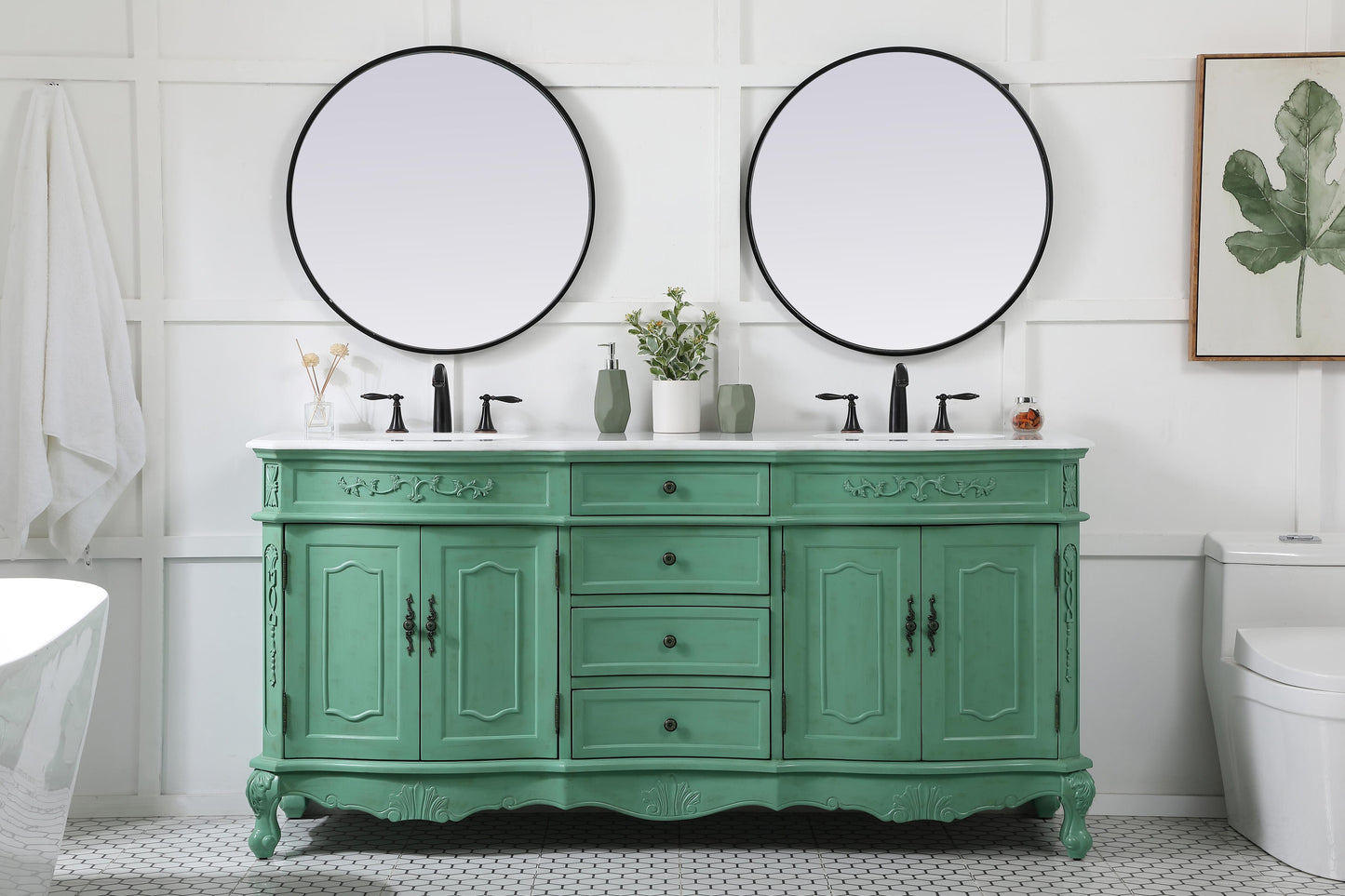 72 inch Double Bathroom Vanity in Vintage Mint with Ivory White Engineered Marble