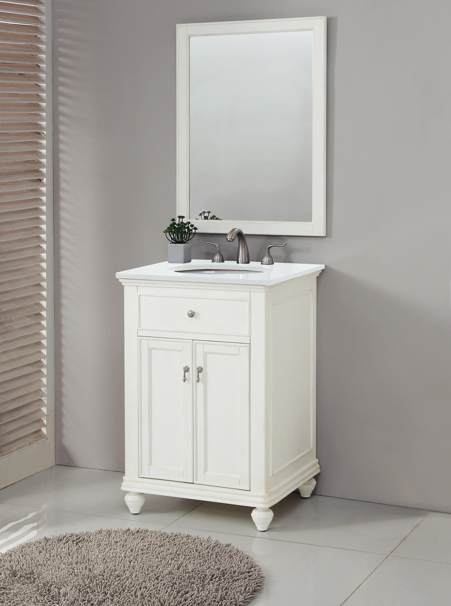 24 inch Single Bathroom Vanity in Antique White with Ivory White Engineered Marble - BC1102435AW