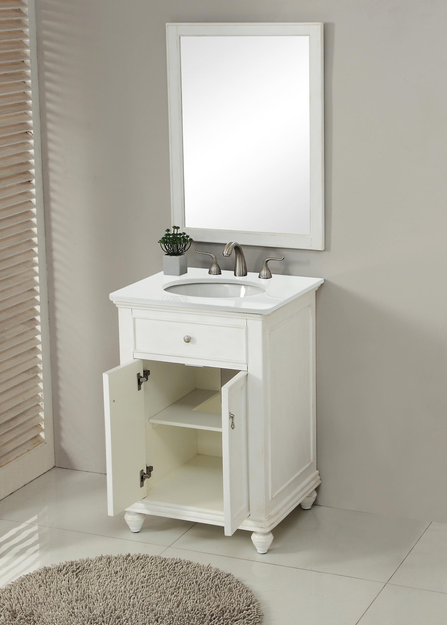 24 inch Single Bathroom Vanity in Antique White with Ivory White Engineered Marble - BC1102435AW