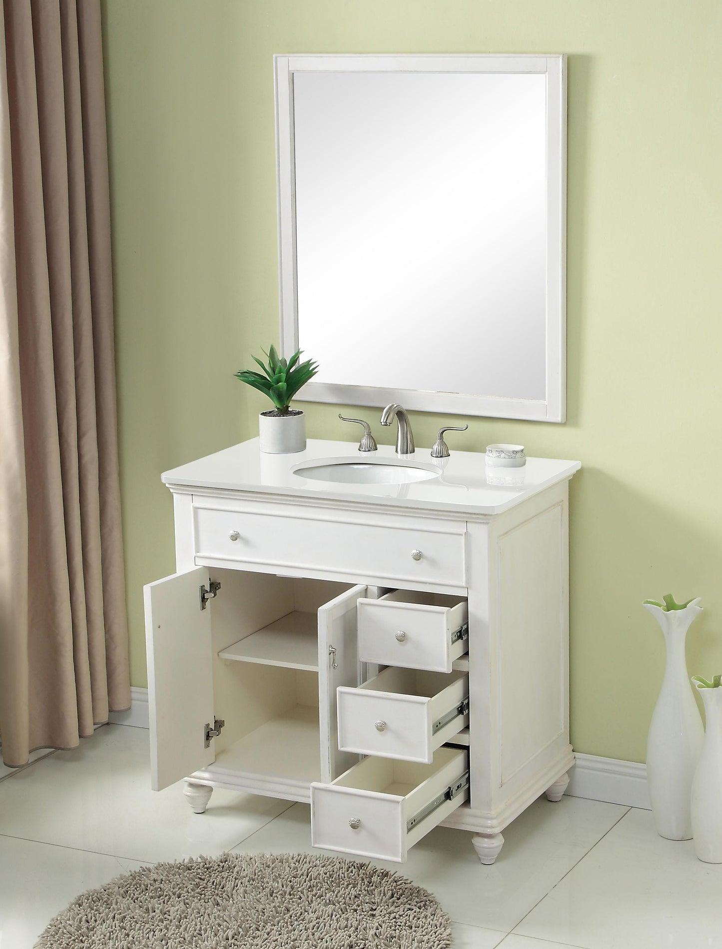 36 inch Single Bathroom Vanity in Antique White with Ivory White Engineered Marble - BC1103635AW