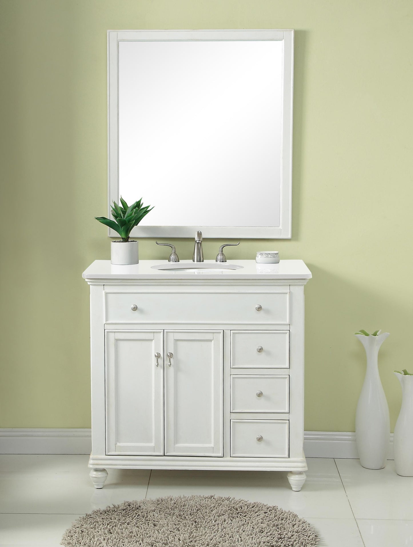 36 inch Single Bathroom Vanity in Antique White with Ivory White Engineered Marble - BC1103635AW